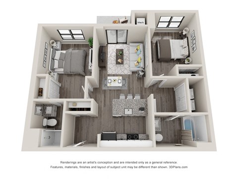 Floor plan for 2 beds, 2 baths, 826 sqft